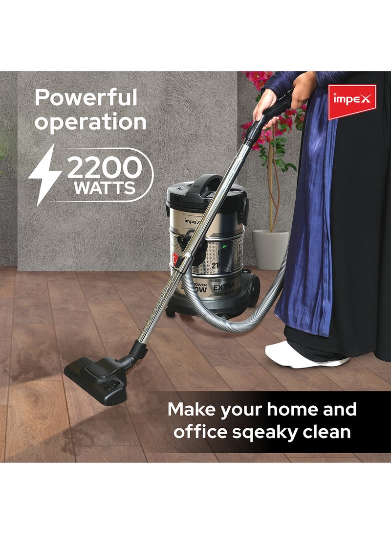 PowerPro Vacuum Cleaner VC 4708-2200W | Ultra-Capacity 21L | Advanced Accessories | High Performance And Low Noise | Strong Metal Body | Convenient Handle 21 L 2200 W VC 4708 Black/Silver