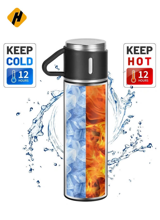 500ml/17 OZ Stainless Steel Thermo Bottle with 3 Cups, Insulated Coffee Water bottle for Hot and Cold Drinks, Vacuum Flask Set