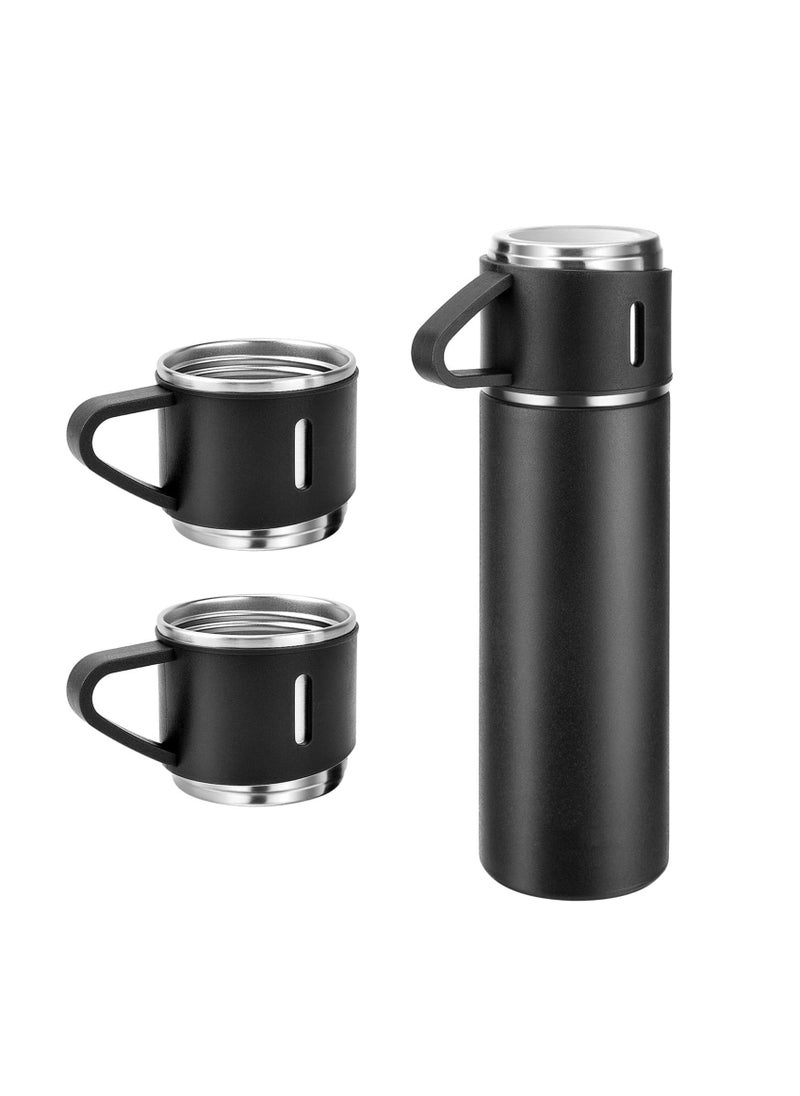 Liying Coffee Thermos Stainless Steel Vacuum-Insulated Water Bottle, 500ml/16.9oz Insulated Bottle with Cup for Hot & Cold Drink Travel Mug (Black, Three Cup)