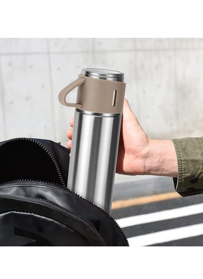 Liying Coffee Thermos Stainless Steel Vacuum-Insulated Water Bottle, 500ml/16.9oz Insulated Bottle with Cup for Hot & Cold Drink Travel Mug (Brown, Three Cup)