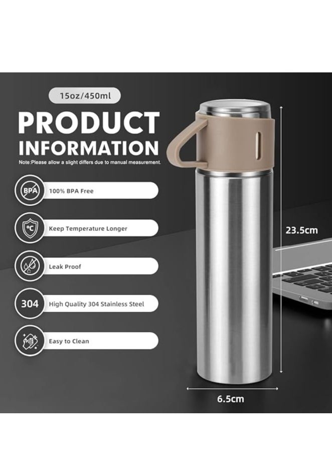 Liying Coffee Thermos Stainless Steel Vacuum-Insulated Water Bottle, 500ml/16.9oz Insulated Bottle with Cup for Hot & Cold Drink Travel Mug (Brown, Three Cup)