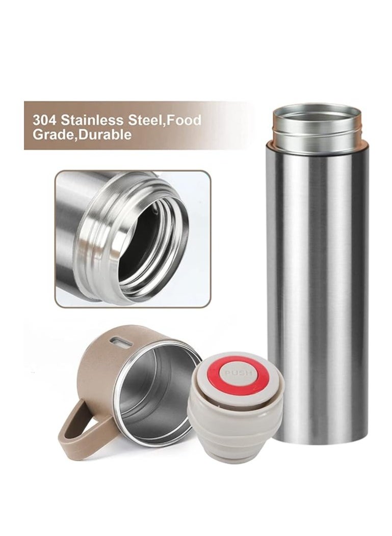 Liying Coffee Thermos Stainless Steel Vacuum-Insulated Water Bottle, 500ml/16.9oz Insulated Bottle with Cup for Hot & Cold Drink Travel Mug (Brown, Three Cup)