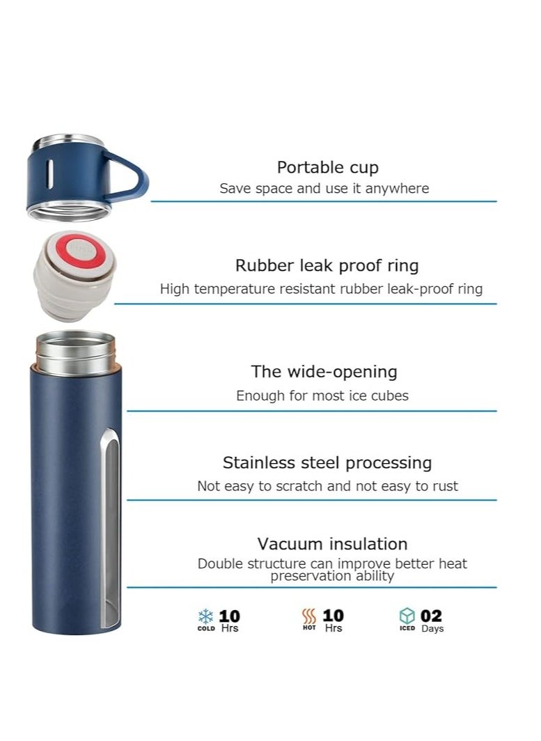 Liying Coffee Thermos Stainless Steel Vacuum-Insulated Water Bottle, 500ml/16.9oz Insulated Bottle with Cup for Hot & Cold Drink Travel Mug (Blue, Three Cup)