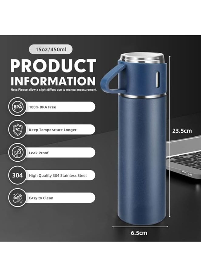 Liying Coffee Thermos Stainless Steel Vacuum-Insulated Water Bottle, 500ml/16.9oz Insulated Bottle with Cup for Hot & Cold Drink Travel Mug (Blue, Three Cup)