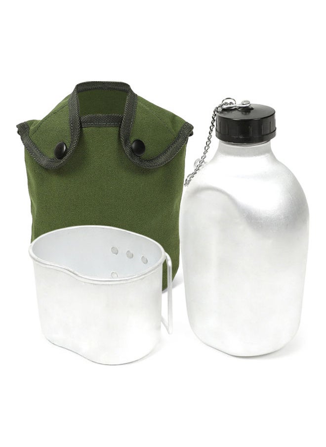 3-Piece Military Canteen Cup Set With Cover Bag Silver/Green 23x9.50x13.50cm