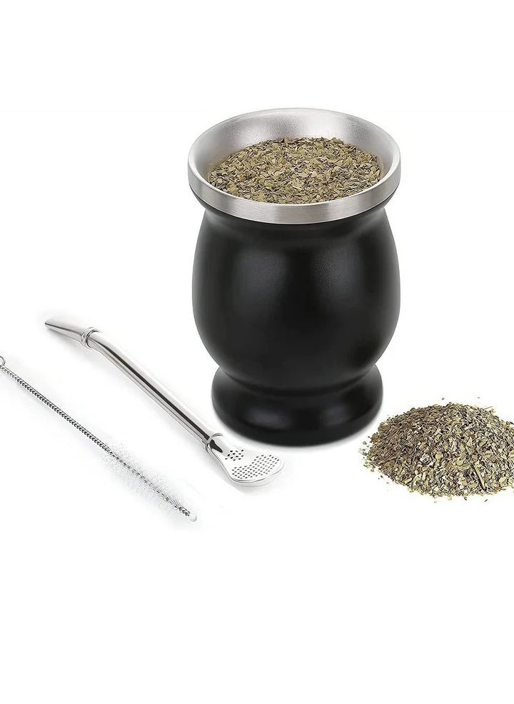 Yerba Mate Tea Cup, Stainless Steel Double Walled Easy Wash Household Insulation Gourds for Loose Leaf Drinking with Bombilla Straw, Black, 230 Ml