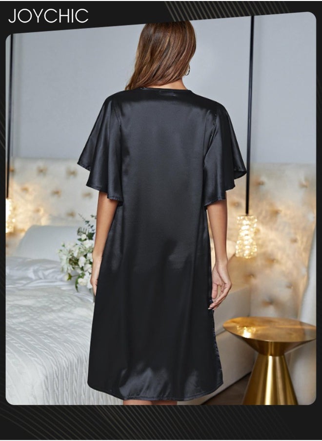 Solid Pattern Women Pajamas Ice Silk Satin Skin-friendly Nightgown Deep V-neck Loose Sleepwear for Spring Summer Black