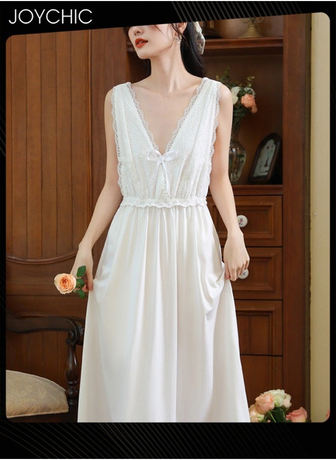 Palace Style Suspender Nightgown for Women Summer Comfortable Lace Pajamas Deep V-neck Long Sleep Dress with Chest Pads for Indoor Outdoor White