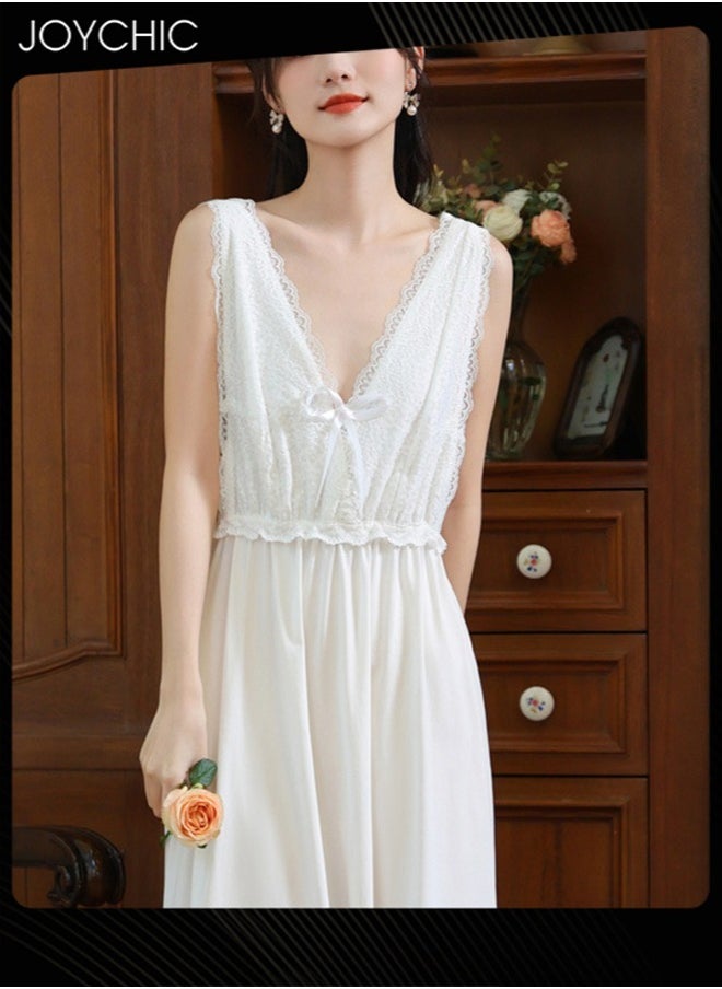 Palace Style Suspender Nightgown for Women Summer Comfortable Lace Pajamas Deep V-neck Long Sleep Dress with Chest Pads for Indoor Outdoor White