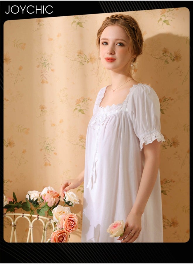 Retro French Sweet Princess Style Night Dress Short-sleeved Long Nightgown Spring Summer Autumn Cotton Breathable Sleepwear for Women White