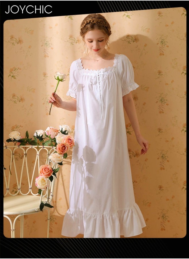 Retro French Sweet Princess Style Night Dress Short-sleeved Long Nightgown Spring Summer Autumn Cotton Breathable Sleepwear for Women White