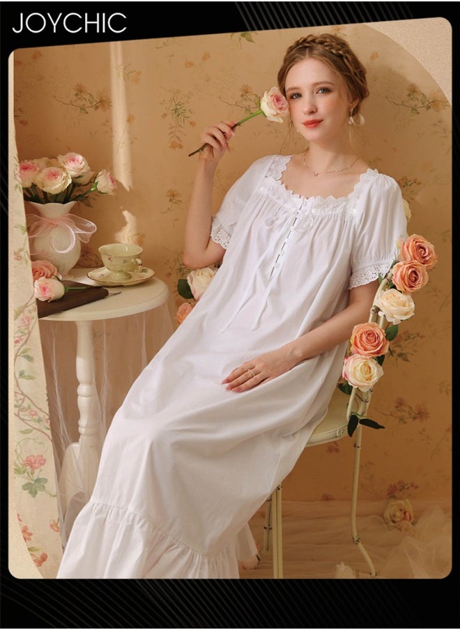 Retro French Sweet Princess Style Night Dress Short-sleeved Long Nightgown Spring Summer Autumn Cotton Breathable Sleepwear for Women White