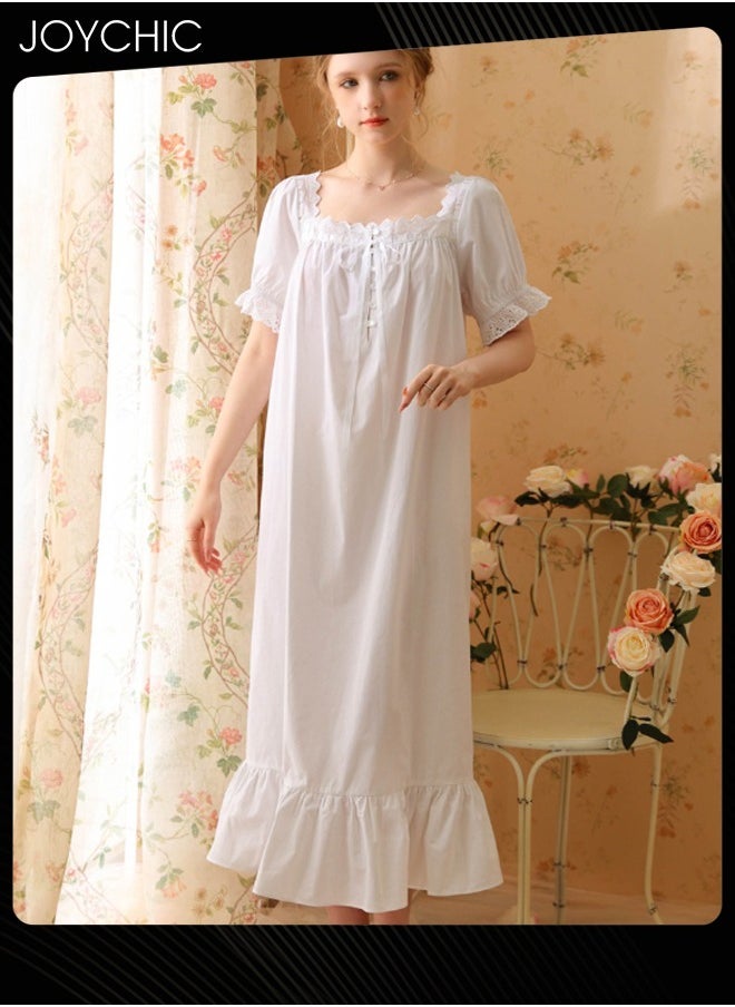 Retro French Sweet Princess Style Night Dress Short-sleeved Long Nightgown Spring Summer Autumn Cotton Breathable Sleepwear for Women White