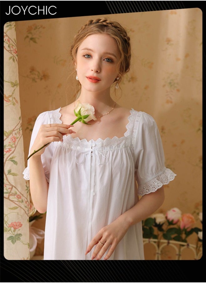 Retro French Sweet Princess Style Night Dress Short-sleeved Long Nightgown Spring Summer Autumn Cotton Breathable Sleepwear for Women White