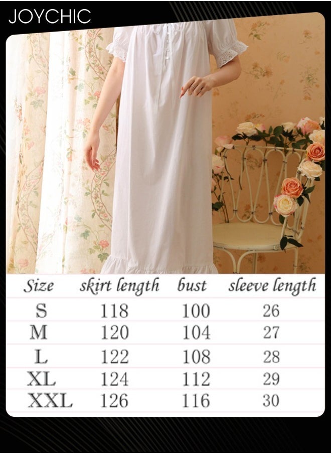 Retro French Sweet Princess Style Night Dress Short-sleeved Long Nightgown Spring Summer Autumn Cotton Breathable Sleepwear for Women White