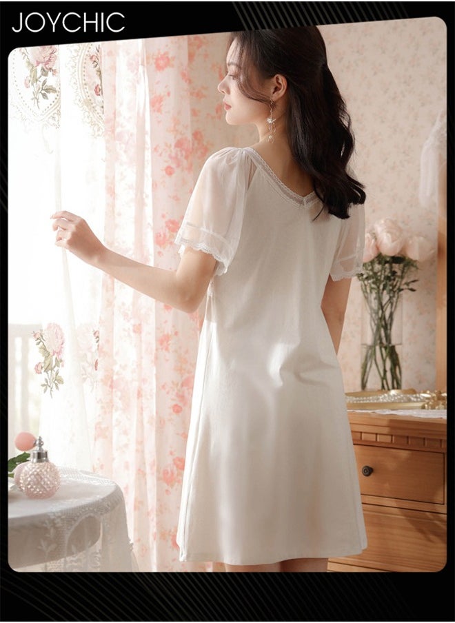 Palace Princess Sweet Women Nightgown Summer Knitted Cotton Breathable Short-sleeved Ladies Sleep Dress with Breast Pads White