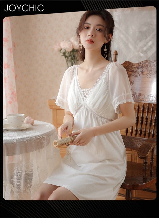 Palace Princess Sweet Women Nightgown Summer Knitted Cotton Breathable Short-sleeved Ladies Sleep Dress with Breast Pads White