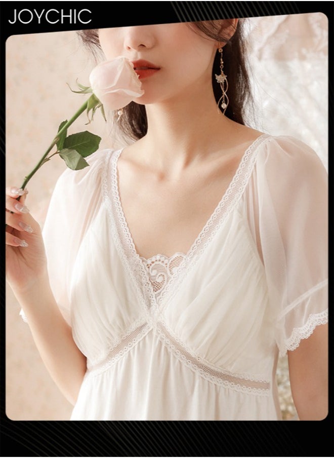 Palace Princess Sweet Women Nightgown Summer Knitted Cotton Breathable Short-sleeved Ladies Sleep Dress with Breast Pads White