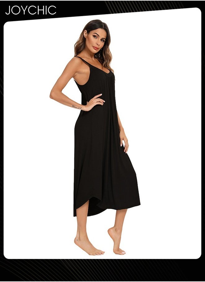 Ladies Summer Suspender Pleated Design Nightgown Modal Skin-friendly and Comfortable Swing Sleepwear Home Night Dress for Women Black