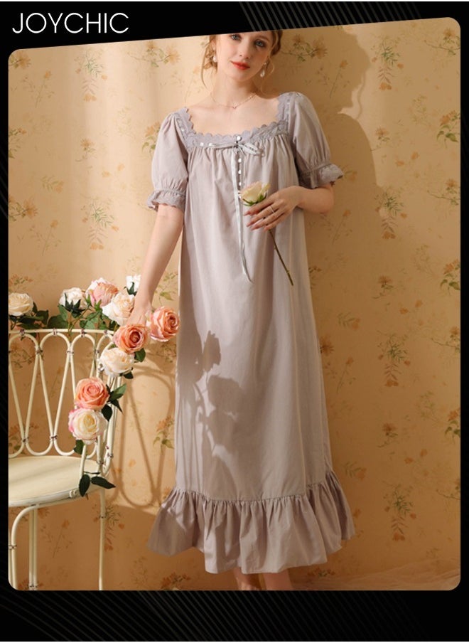 Retro French Sweet Princess Style Night Dress Short-sleeved Long Nightgown Spring Summer Autumn Cotton Breathable Sleepwear for Women Grey