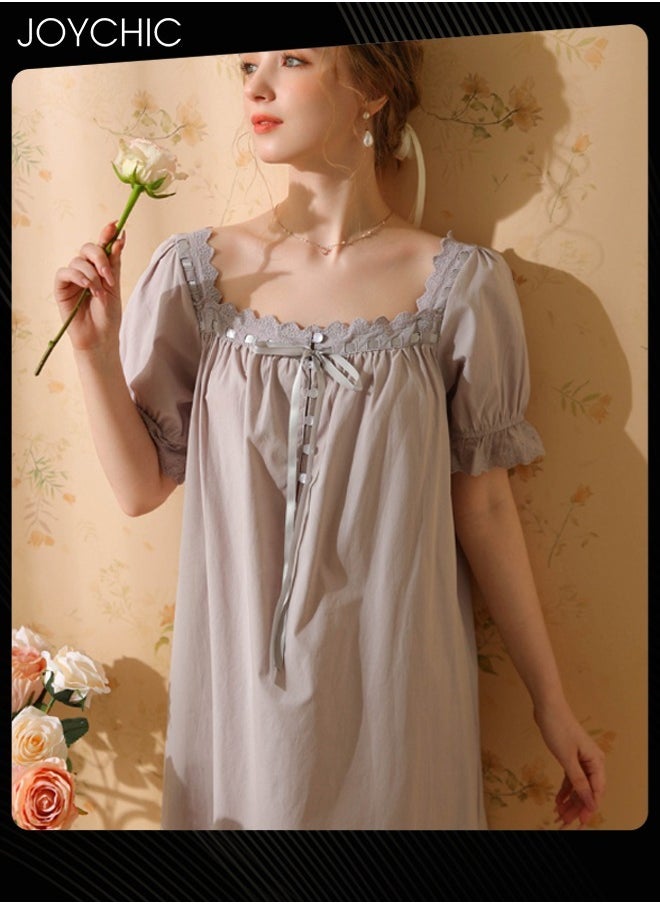 Retro French Sweet Princess Style Night Dress Short-sleeved Long Nightgown Spring Summer Autumn Cotton Breathable Sleepwear for Women Grey