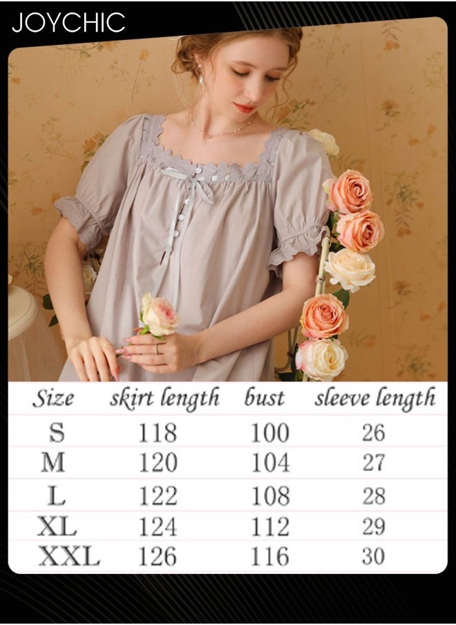 Retro French Sweet Princess Style Night Dress Short-sleeved Long Nightgown Spring Summer Autumn Cotton Breathable Sleepwear for Women Grey