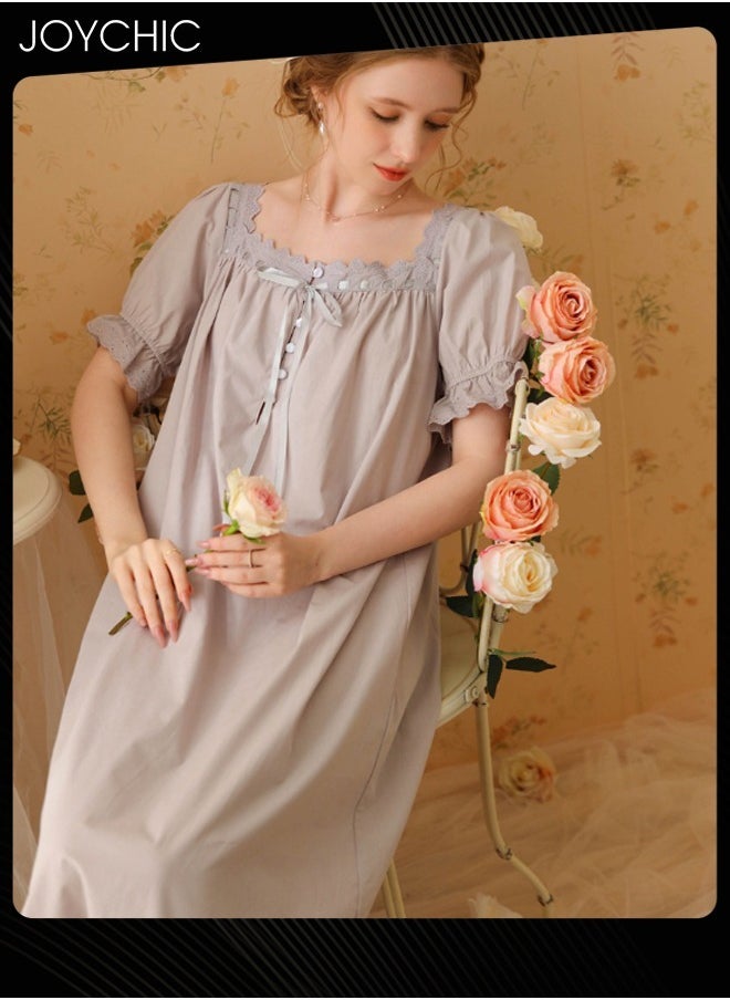 Retro French Sweet Princess Style Night Dress Short-sleeved Long Nightgown Spring Summer Autumn Cotton Breathable Sleepwear for Women Grey