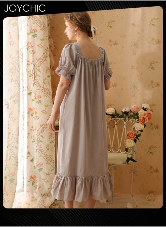 Retro French Sweet Princess Style Night Dress Short-sleeved Long Nightgown Spring Summer Autumn Cotton Breathable Sleepwear for Women Grey