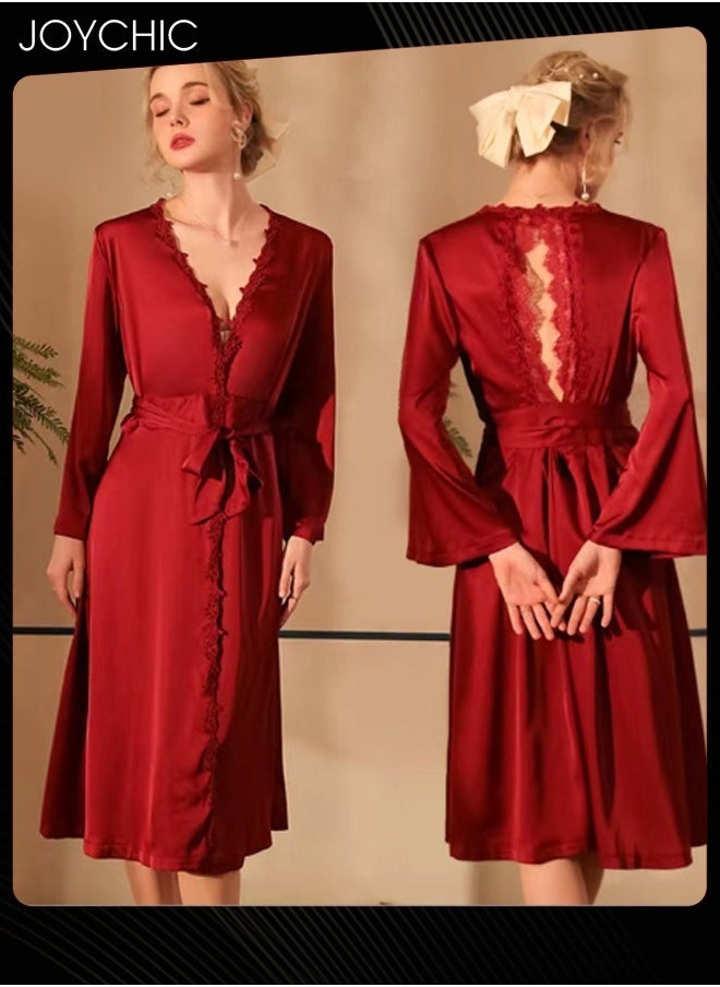 French Romantic Light Luxury Elegant Spring and Summer Autumn Women Soft Satin Nightgown Long-sleeved Backless Pajamas V-neck Sleep Robe with Belt Horn Cuff Design Wine Red