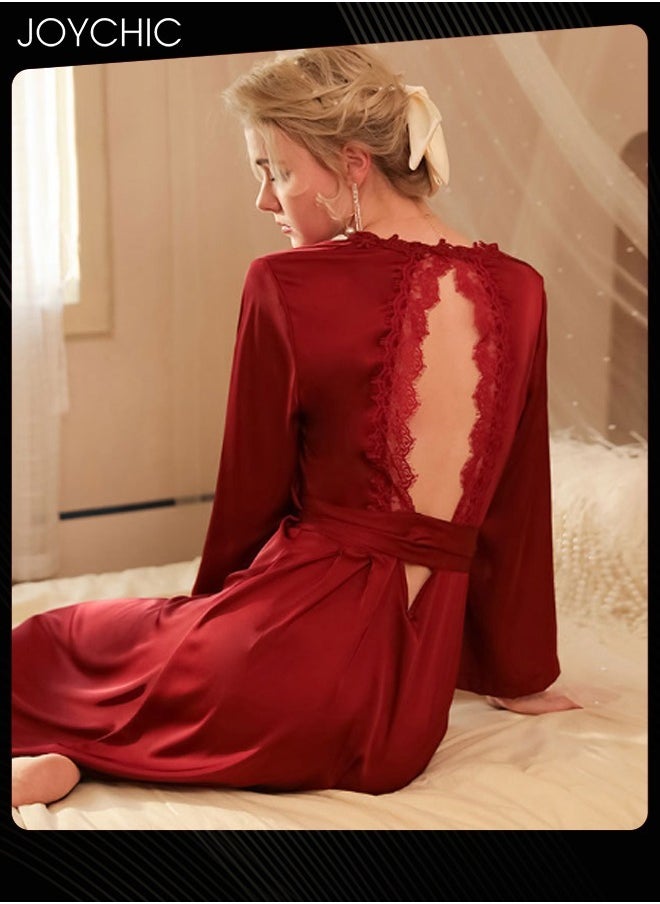 French Romantic Light Luxury Elegant Spring and Summer Autumn Women Soft Satin Nightgown Long-sleeved Backless Pajamas V-neck Sleep Robe with Belt Horn Cuff Design Wine Red