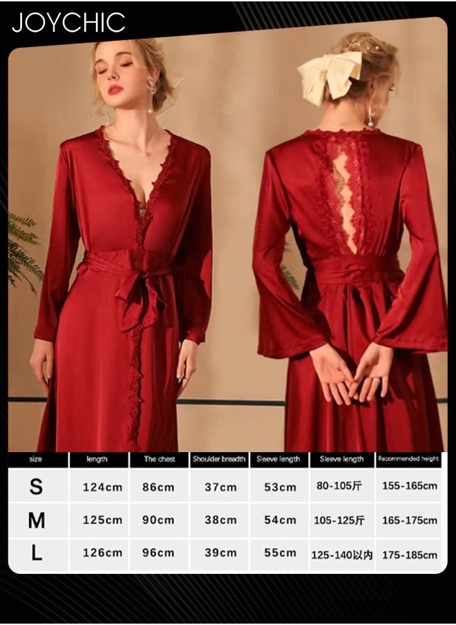 French Romantic Light Luxury Elegant Spring and Summer Autumn Women Soft Satin Nightgown Long-sleeved Backless Pajamas V-neck Sleep Robe with Belt Horn Cuff Design Wine Red