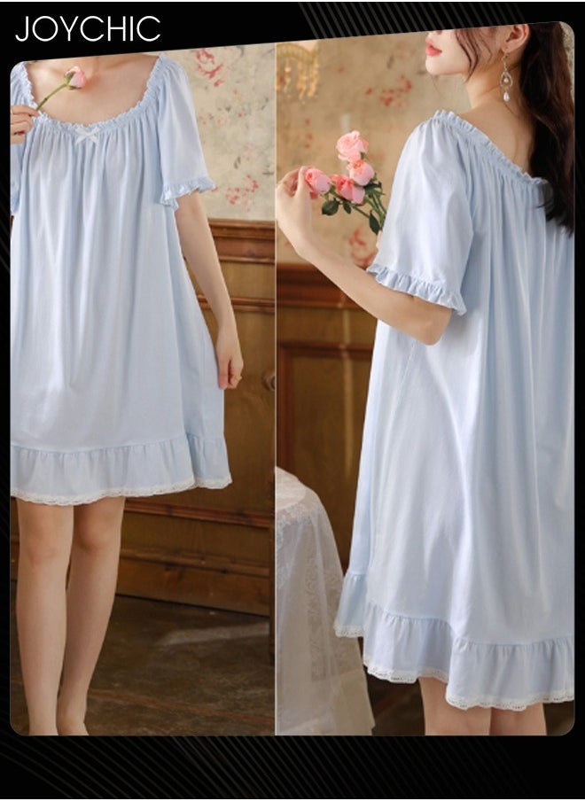 Sweet Palace Style Short-sleeved Nightgown for Women Summer Cotton Loose Mid-length Home Clothes Soft and Comfortable Pajamas Blue