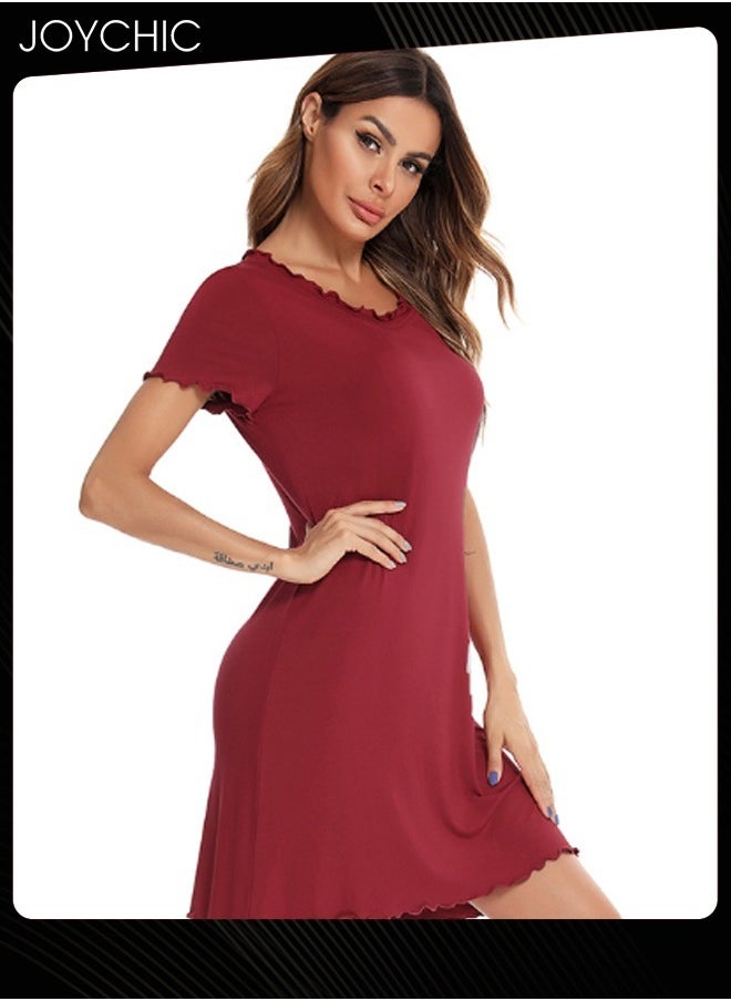 Solid Color Pajamas for Women Spring and Summer Thin Curled Modal Skin-friendly Round-neck Short-sleeved Loose Nightgown Home Nightclothes Burgundy