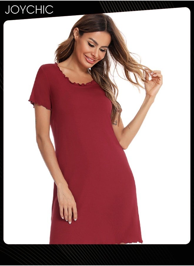 Solid Color Pajamas for Women Spring and Summer Thin Curled Modal Skin-friendly Round-neck Short-sleeved Loose Nightgown Home Nightclothes Burgundy