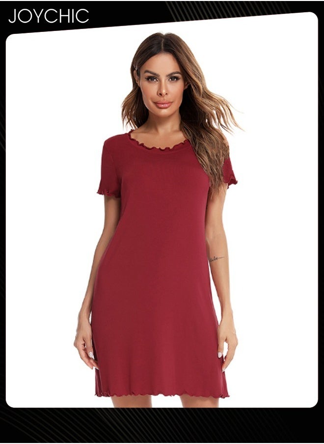 Solid Color Pajamas for Women Spring and Summer Thin Curled Modal Skin-friendly Round-neck Short-sleeved Loose Nightgown Home Nightclothes Burgundy