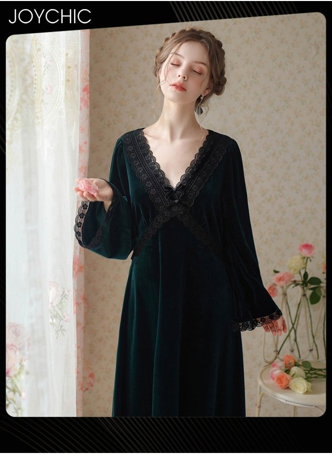 French Style Autumn and Winter Gold Velvet Fairy Sleepwear Thick Warm Pajamas Loose Bell Sleeves Nightgown for Women Green