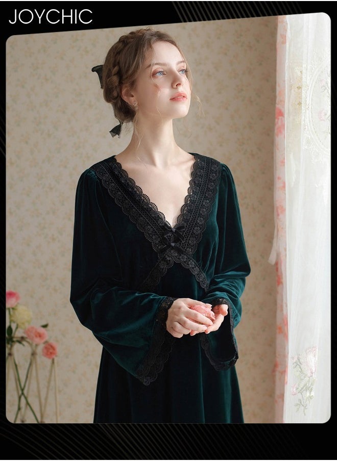 French Style Autumn and Winter Gold Velvet Fairy Sleepwear Thick Warm Pajamas Loose Bell Sleeves Nightgown for Women Green