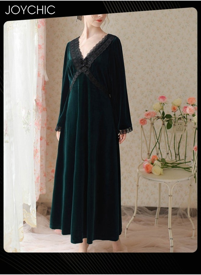 French Style Autumn and Winter Gold Velvet Fairy Sleepwear Thick Warm Pajamas Loose Bell Sleeves Nightgown for Women Green