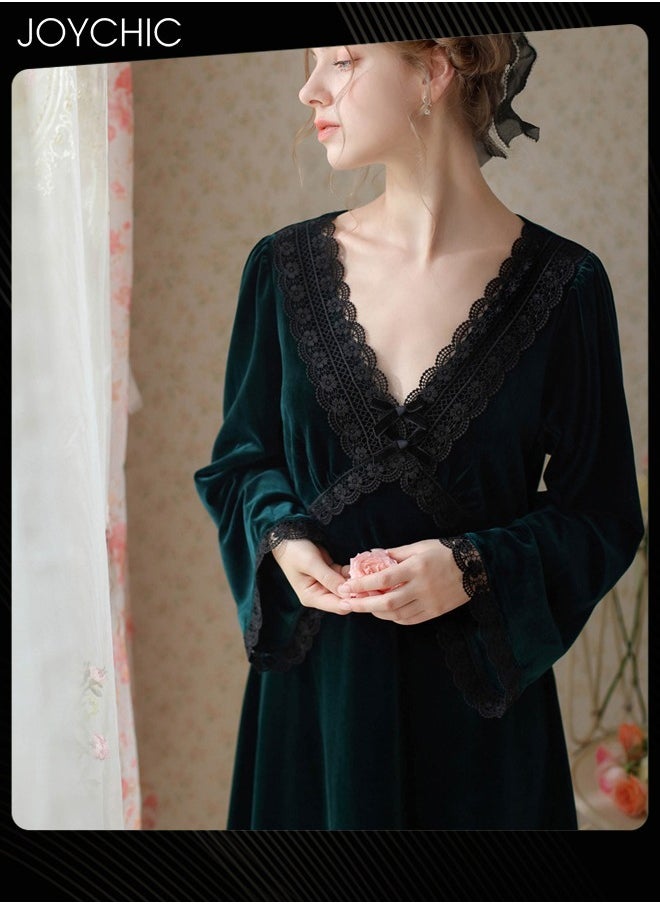 French Style Autumn and Winter Gold Velvet Fairy Sleepwear Thick Warm Pajamas Loose Bell Sleeves Nightgown for Women Green