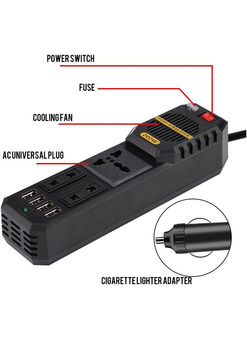 200W Power Inverter, DC 12V to AC 220V Car Power Inverter with 4 USB Port Cigarette Lighter