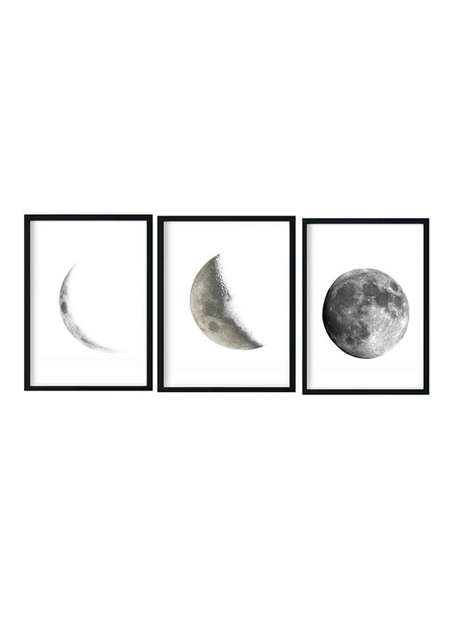 3-Piece Great Moon Wooden Framed Wall Art Painting Set Black/White/Grey 33 x 22 x 2centimeter