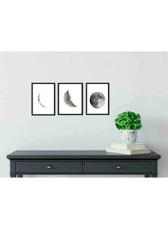 3-Piece Great Moon Wooden Framed Wall Art Painting Set Black/White/Grey 33 x 22 x 2centimeter