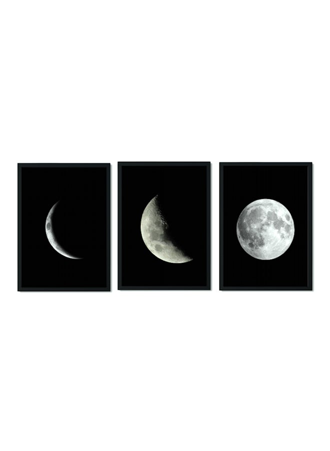 3-Piece Great Moon Wooden Frame Wall Art Painting Black/White/Grey