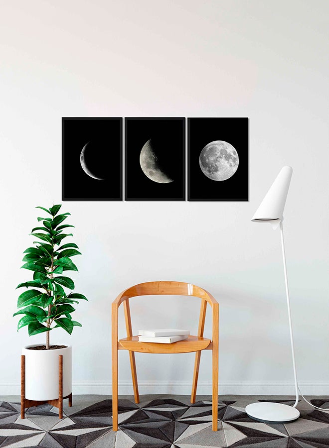 3-Piece Great Moon Wooden Frame Wall Art Painting Black/White/Grey