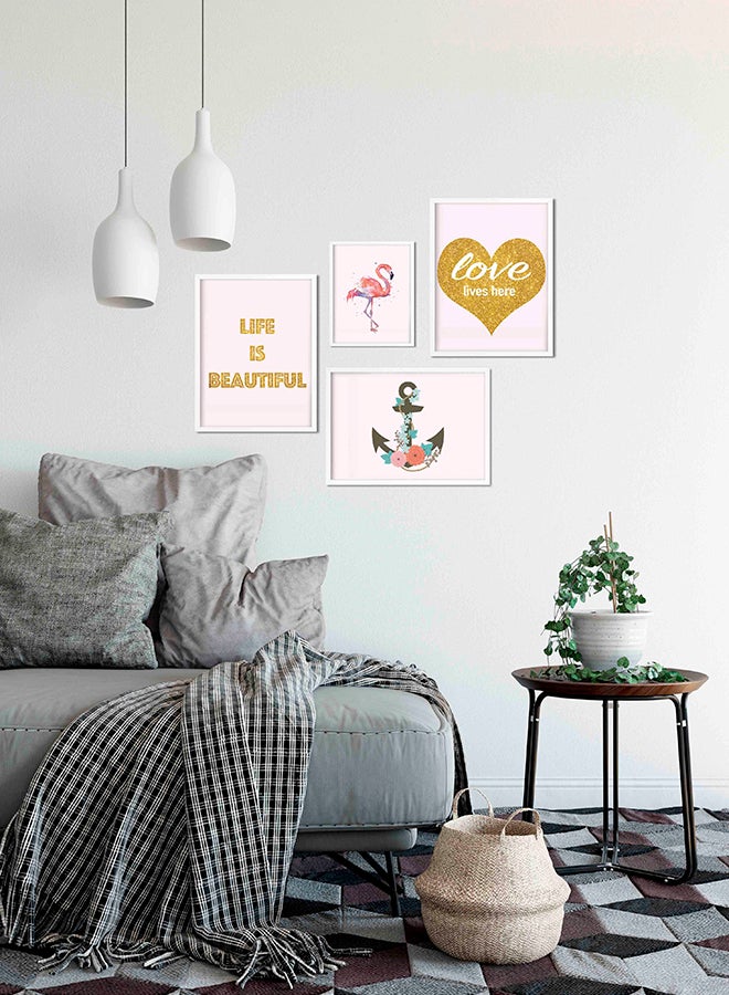 4-Piece Wooden Framed Wall Art Painting Set White/Pink/Gold