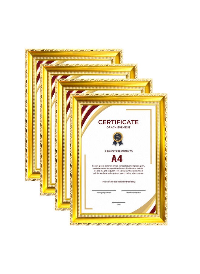 Classic Design A4 Document Certificate Frame –  Real Glass, Wall Mount Tabletop Display, Gold, 25x34cm Frame Size, 4Pcs