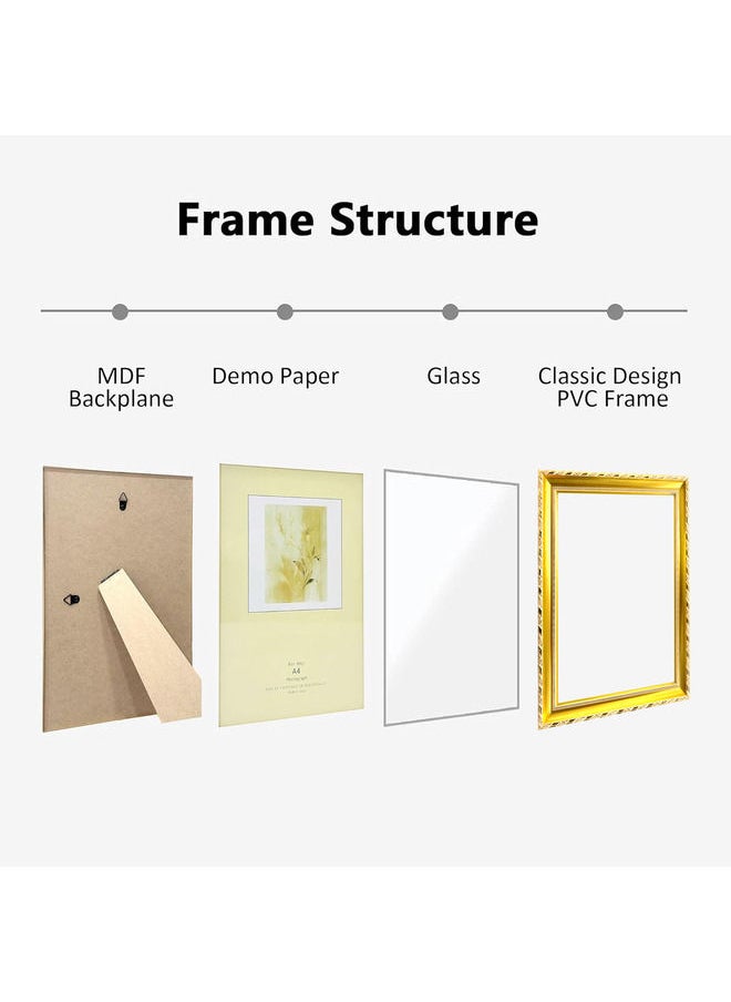 Classic Design A4 Document Certificate Frame –  Real Glass, Wall Mount Tabletop Display, Gold, 25x34cm Frame Size, 4Pcs