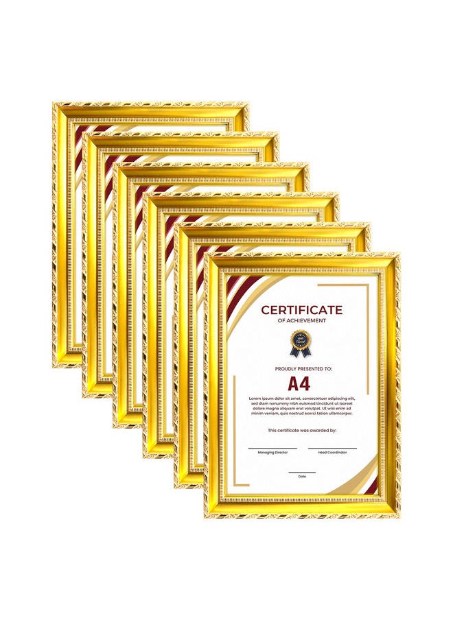 Classic Design A4 Document Certificate Frame –  Real Glass, Wall Mount Tabletop Display, Gold, 25x34cm Frame Size, 6Pcs