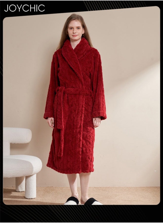 Autumn and Winter Jacquard Coral Velvet Thickened Warm Pajamas for Women Fashion Green Fruit Collar Long-Sleeved Skin-friendly Bedroom Sleep Robe with Pockets Wine Red