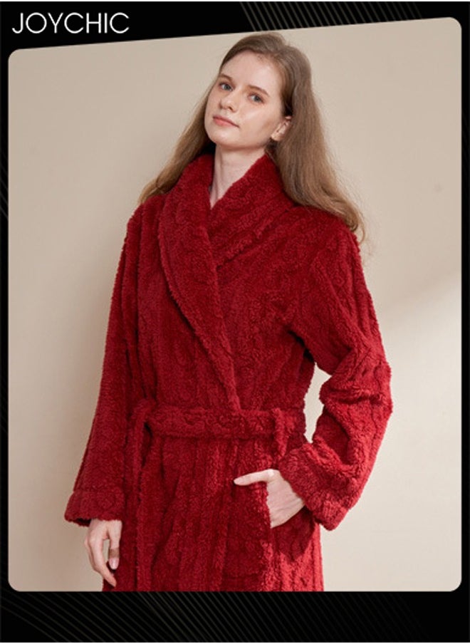 Autumn and Winter Jacquard Coral Velvet Thickened Warm Pajamas for Women Fashion Green Fruit Collar Long-Sleeved Skin-friendly Bedroom Sleep Robe with Pockets Wine Red